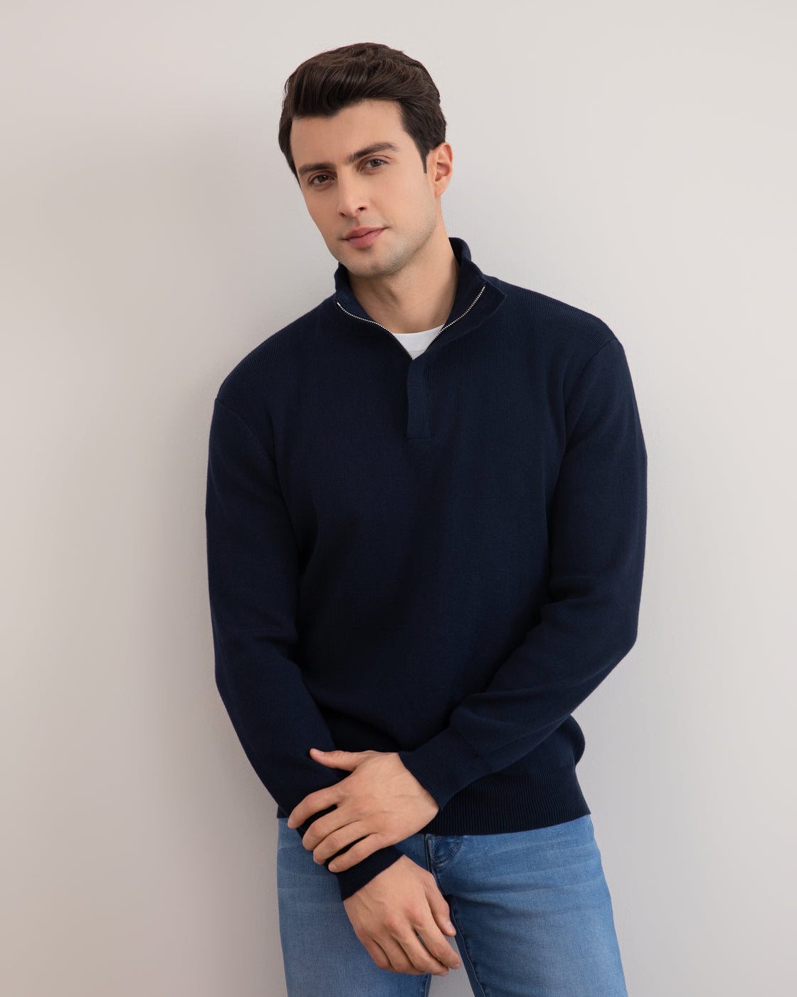 Navy Half-Zip Mock Neck Sweater