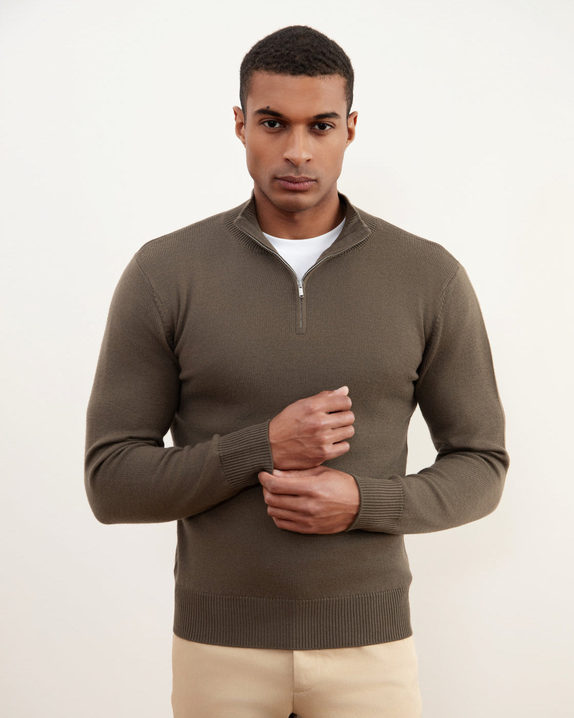 Taupe Merino Wool Half-Zip Sweater