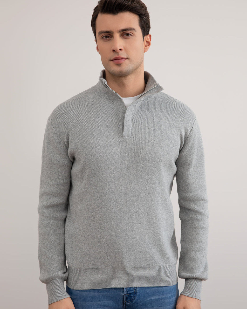 Grey Mélange Half-Zip Mock Neck Sweater