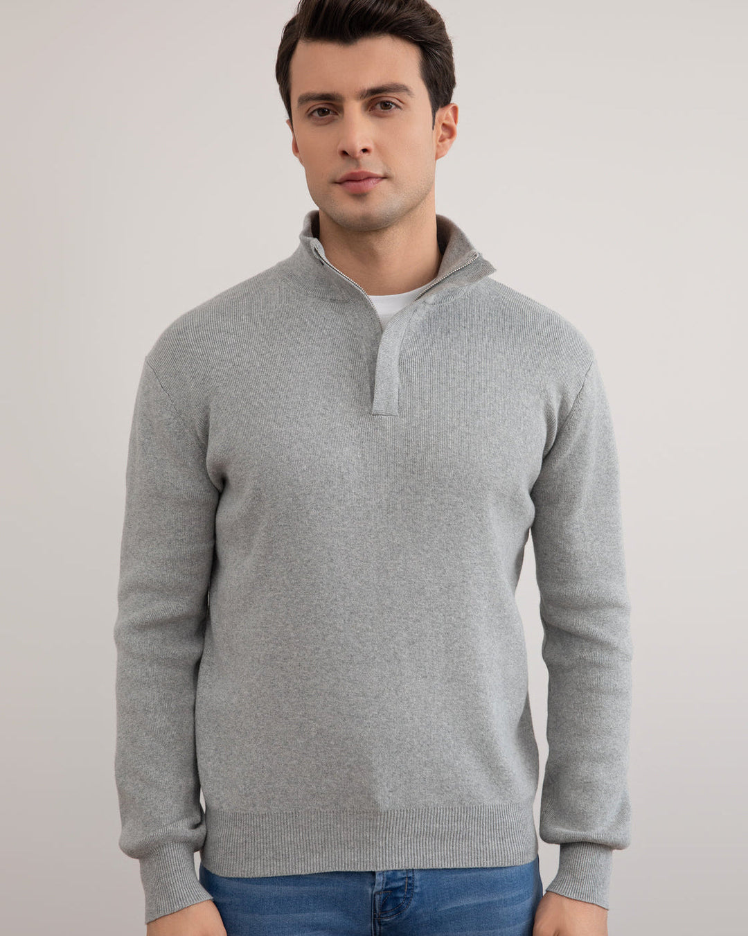 Grey Mélange Half-Zip Mock Neck Sweater