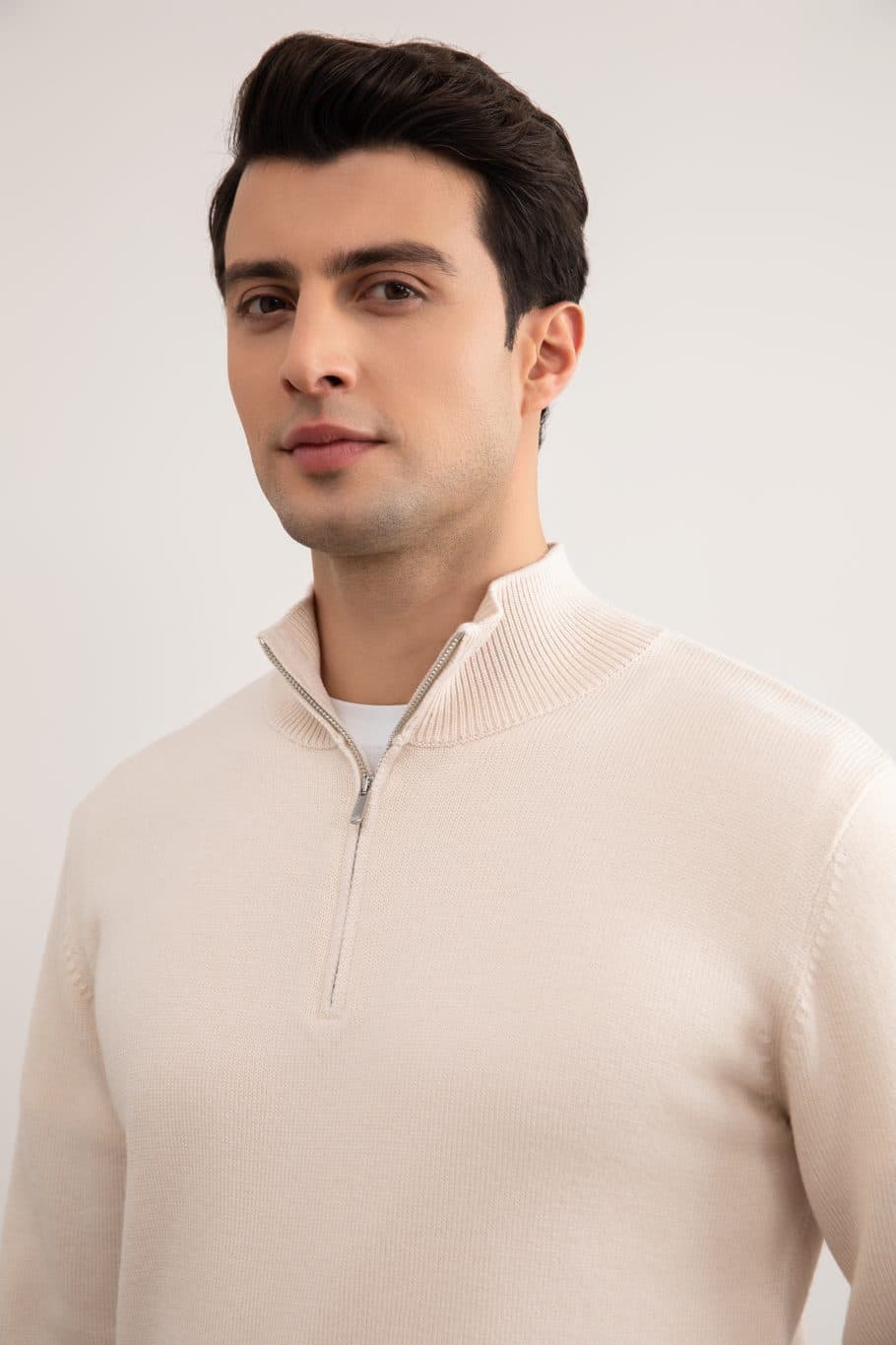 Beige Merino Wool Half-Zip Sweater