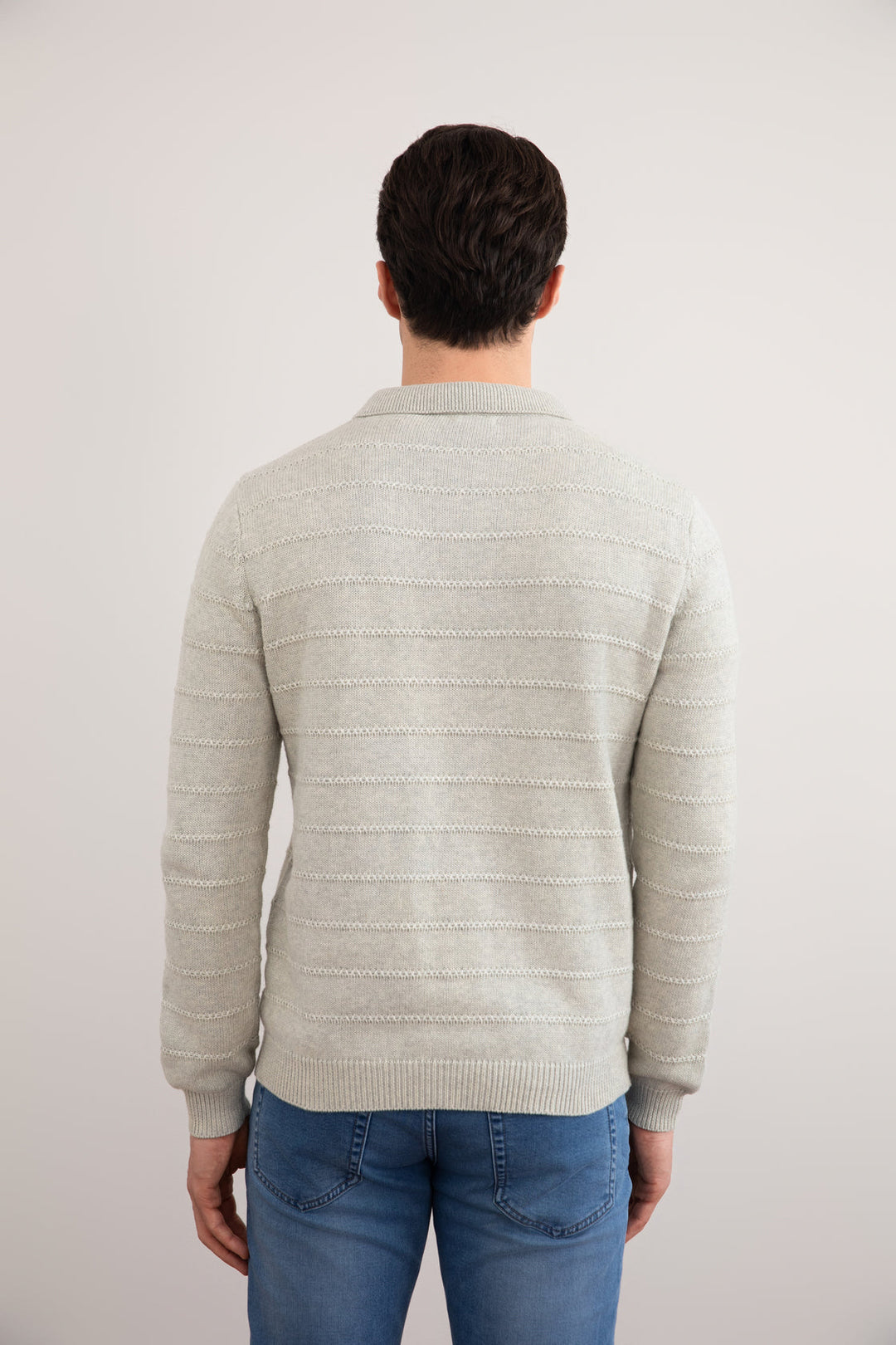 Grey Mélange Knit Texture Open Polo Sweater