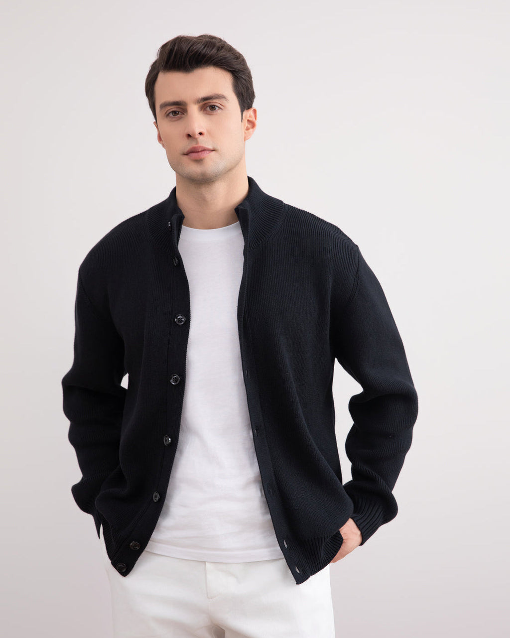 Black Ribbed Button Closure Cardigan