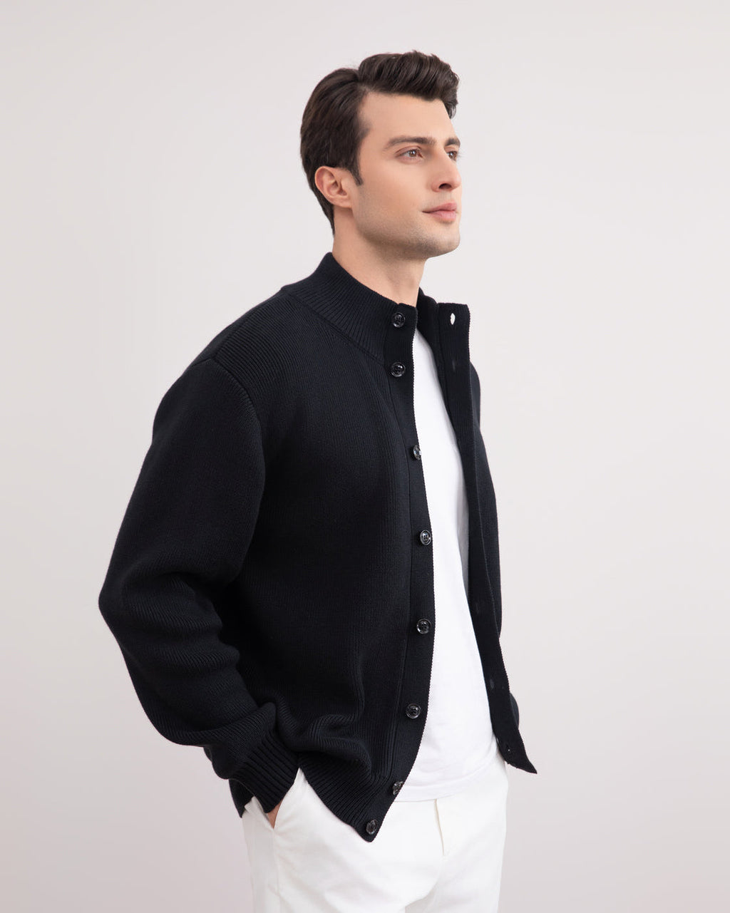 Black Ribbed Button Closure Cardigan