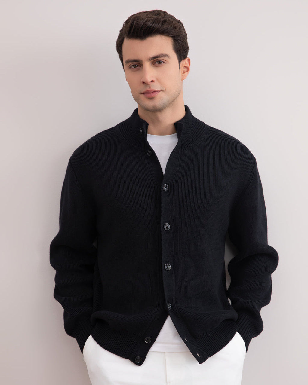 Black Ribbed Button Closure Cardigan