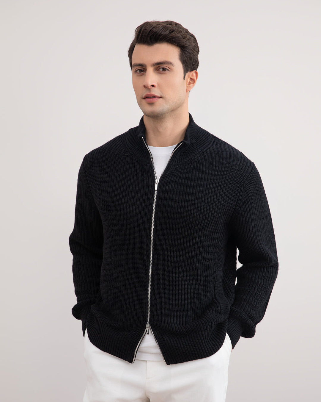 Black Ribbed Zip-Up Cardigan