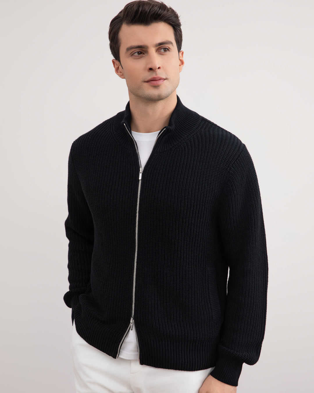 Black Ribbed Zip-Up Cardigan