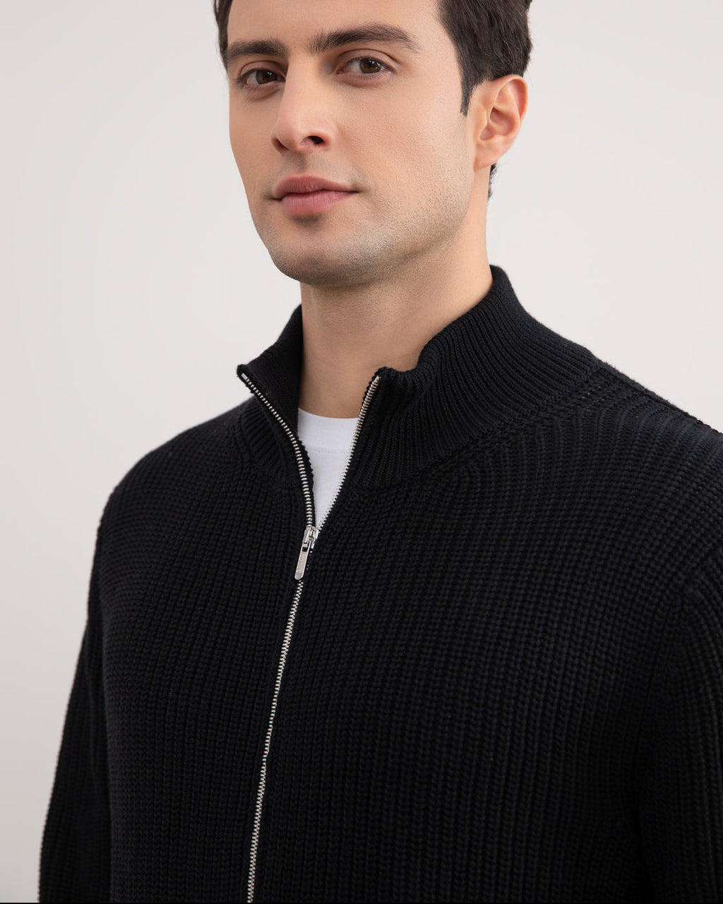 Black Ribbed Zip-Up Cardigan