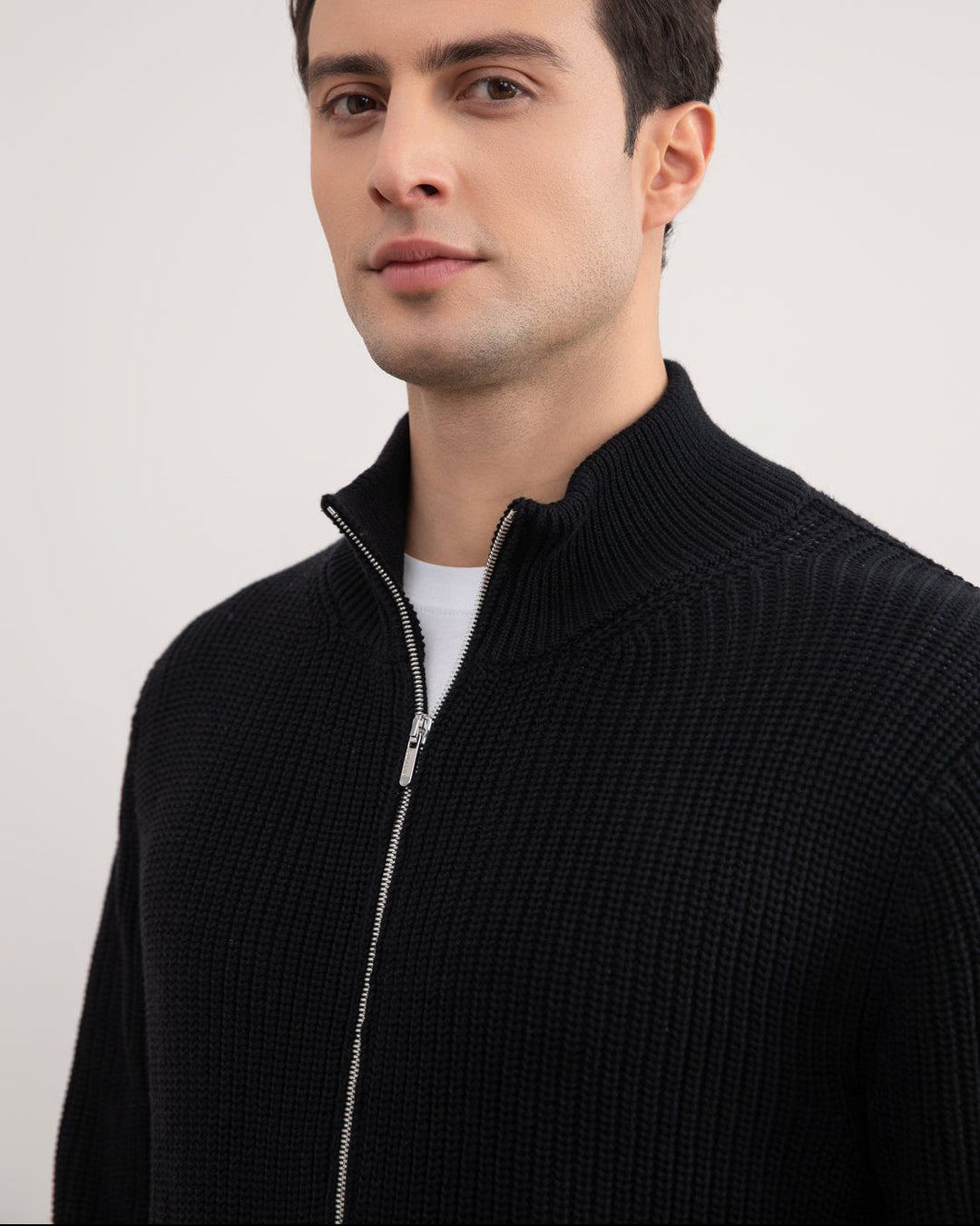 Black Ribbed Zip-Up Cardigan