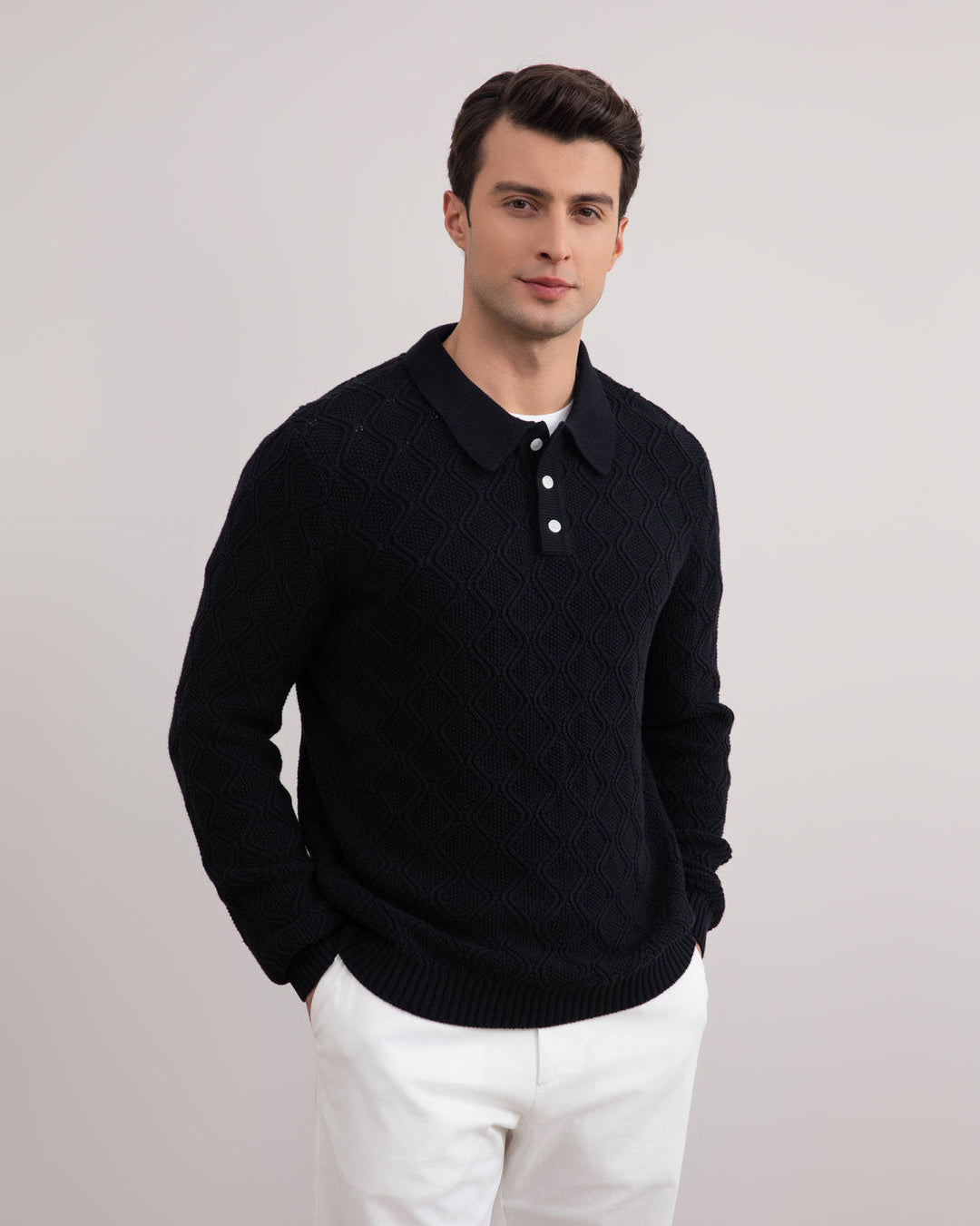 Black Honeycomb Polo Sweater