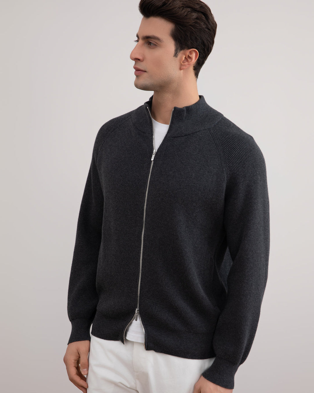 Dark Grey Mélange English Rib Full Zip Cardigan