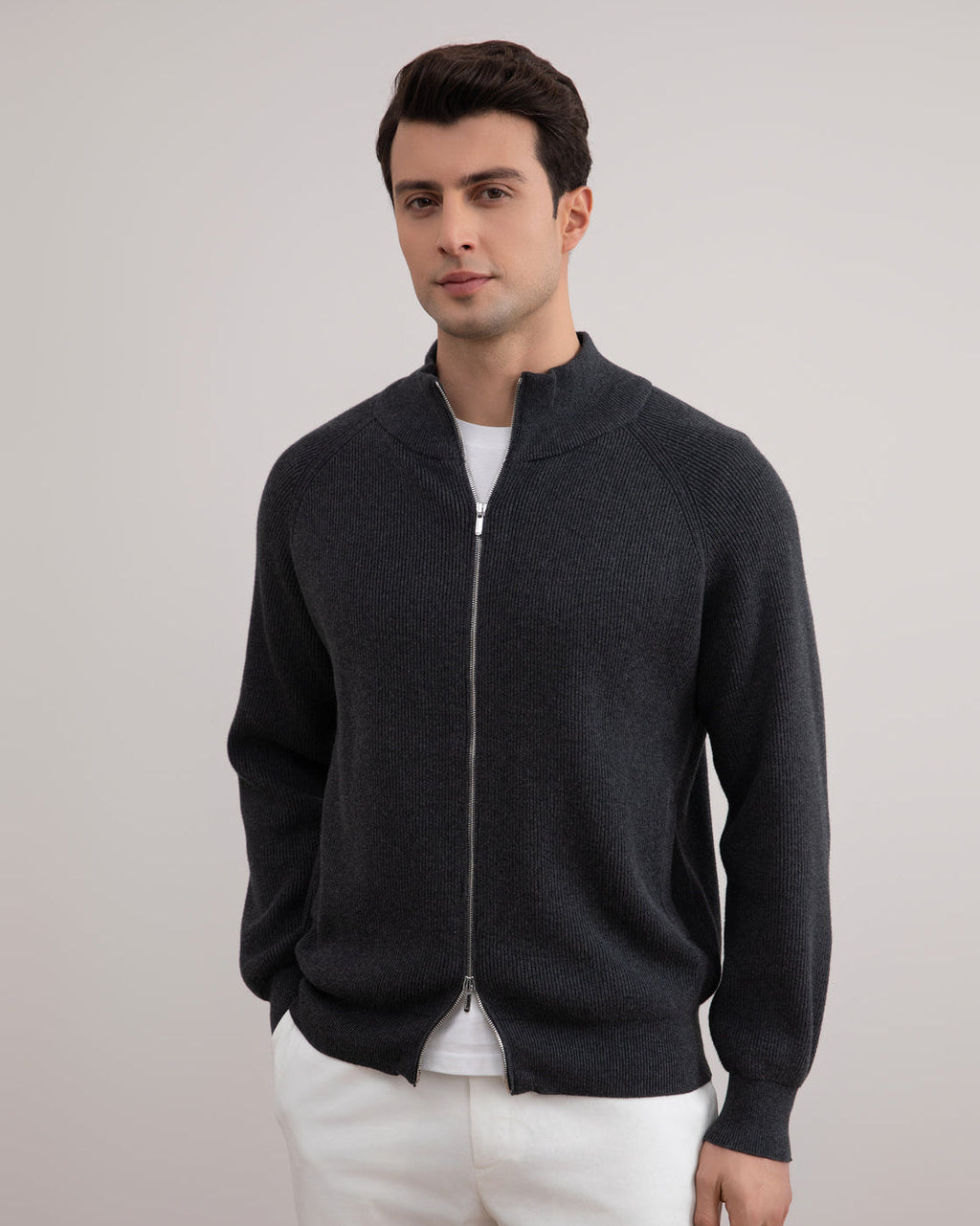 Dark Grey Mélange English Rib Full Zip Cardigan