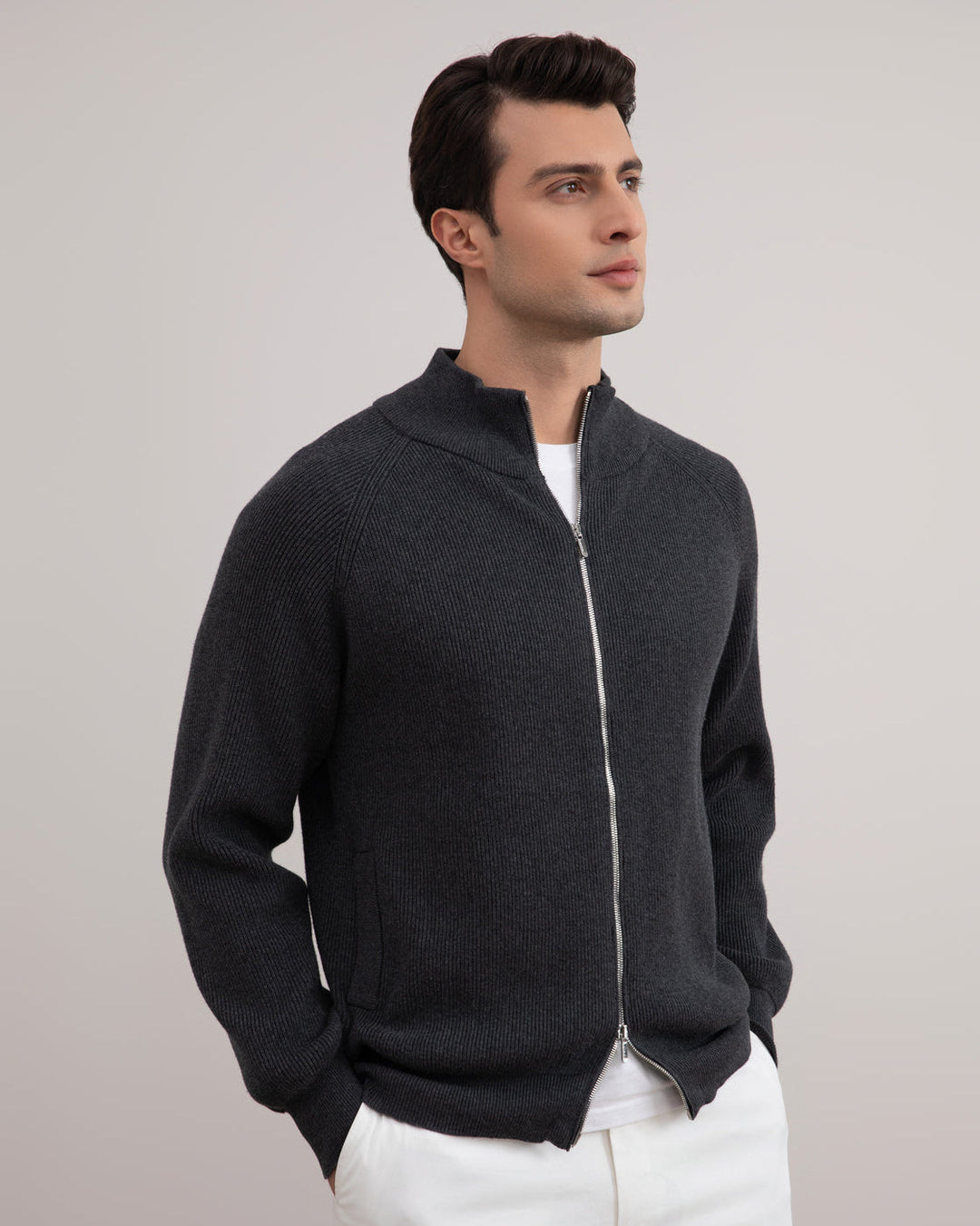 Dark Grey Mélange English Rib Full Zip Cardigan