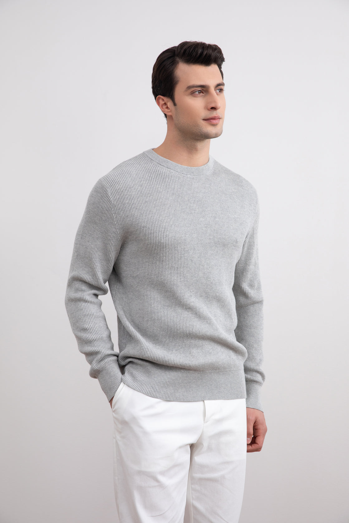 Grey Mélange Crewneck Malfilé English Rib Sweater