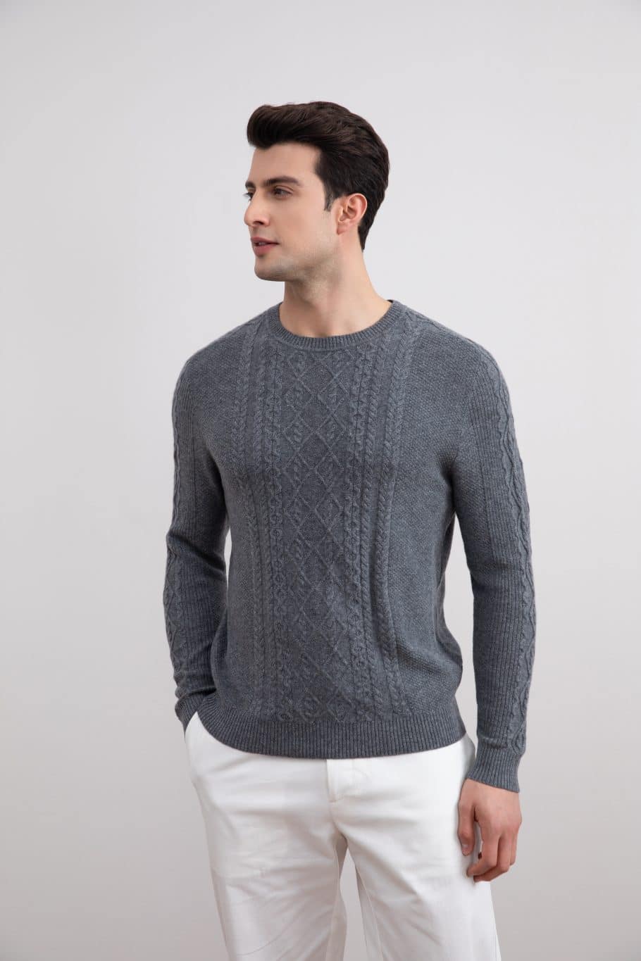 Dark Grey Mélange Cashmere Cable Knit Crewneck