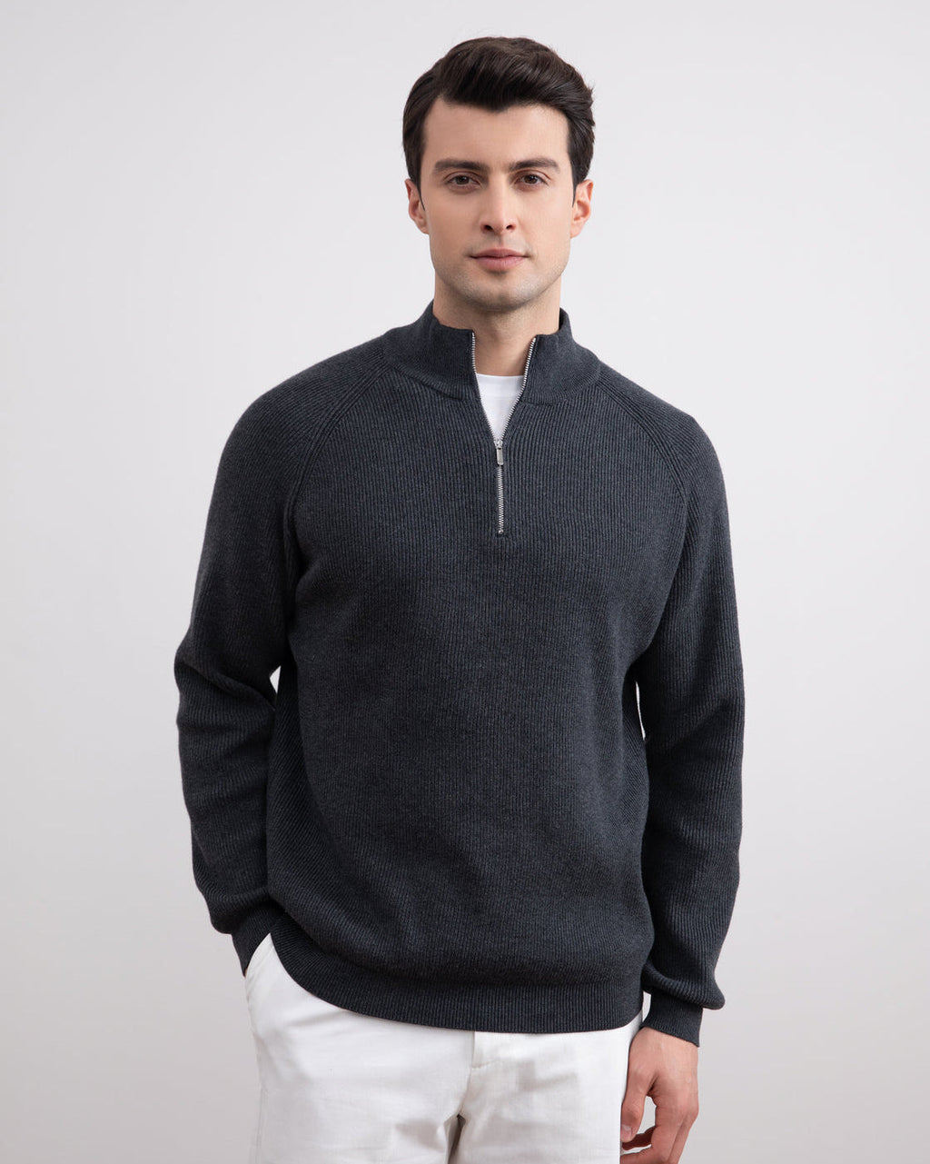 Charcoal English rib turtleneck half-zip sweater