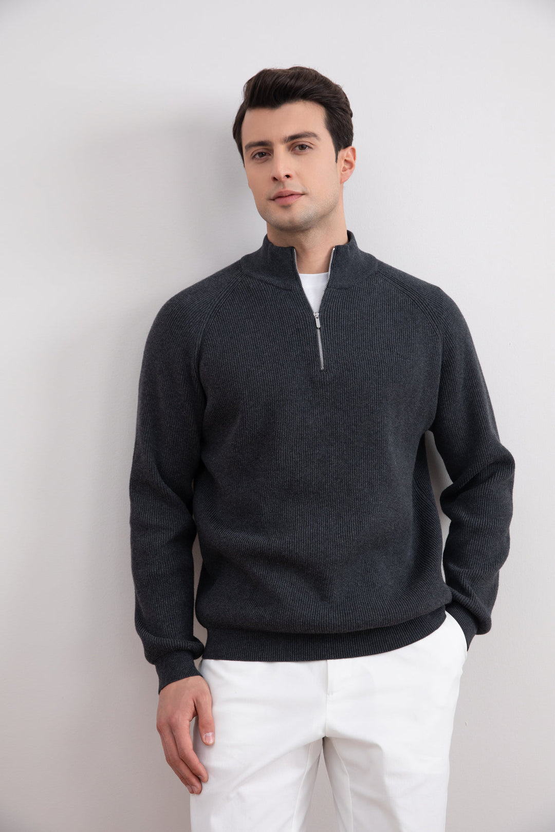 Charcoal English rib turtleneck half-zip sweater