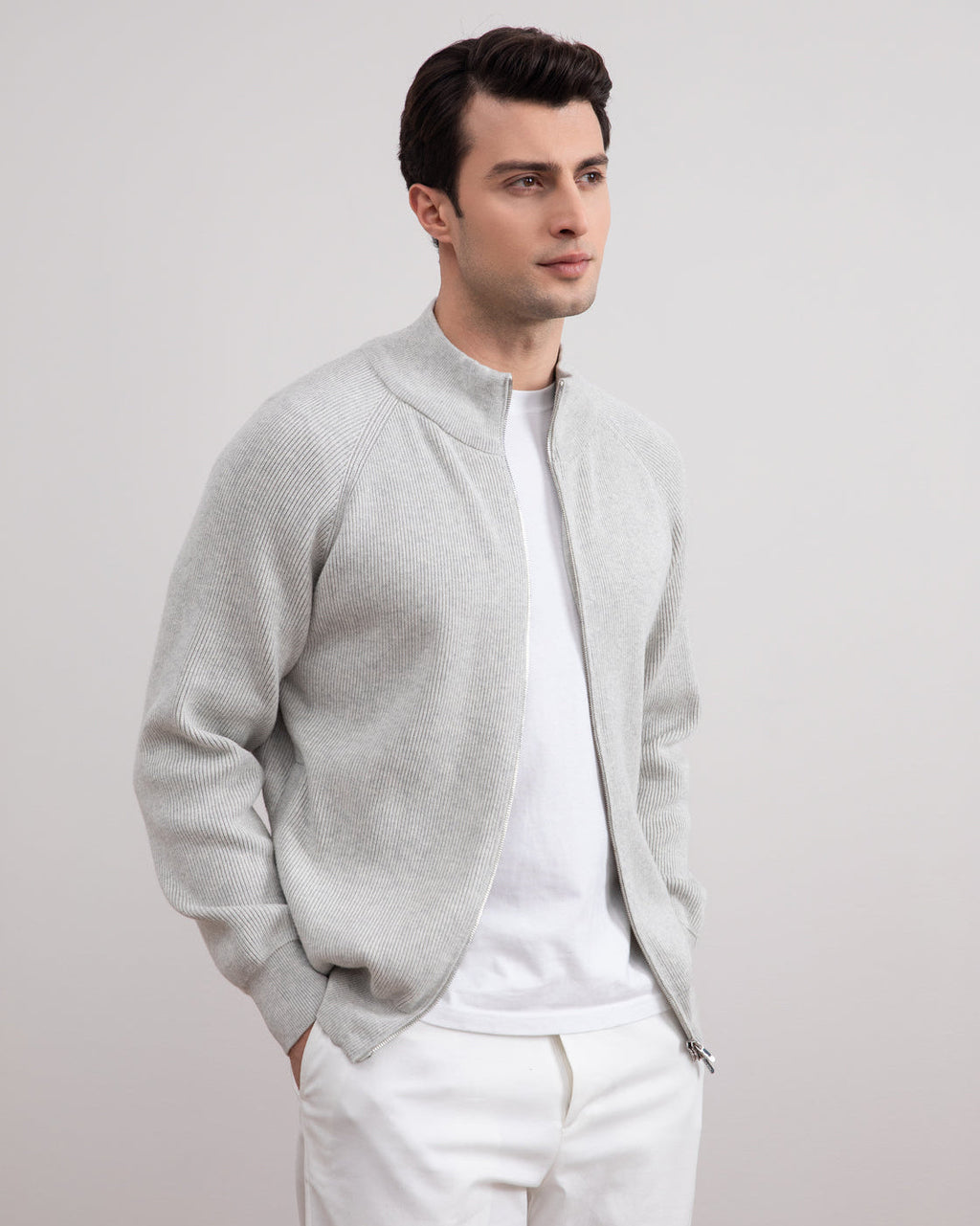 Grey Mélange English Rib Full Zip Cardigan