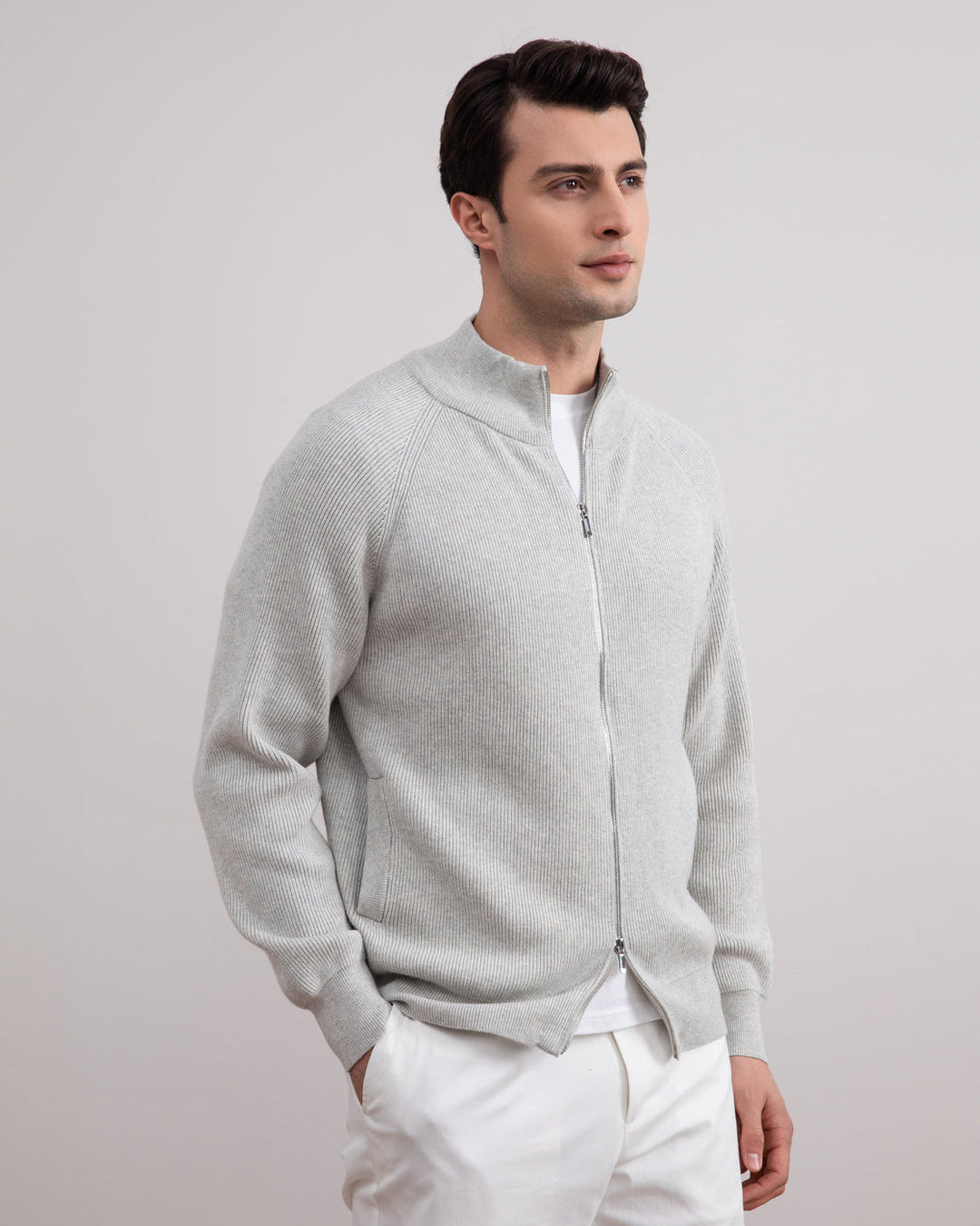 Grey Mélange English Rib Full Zip Cardigan