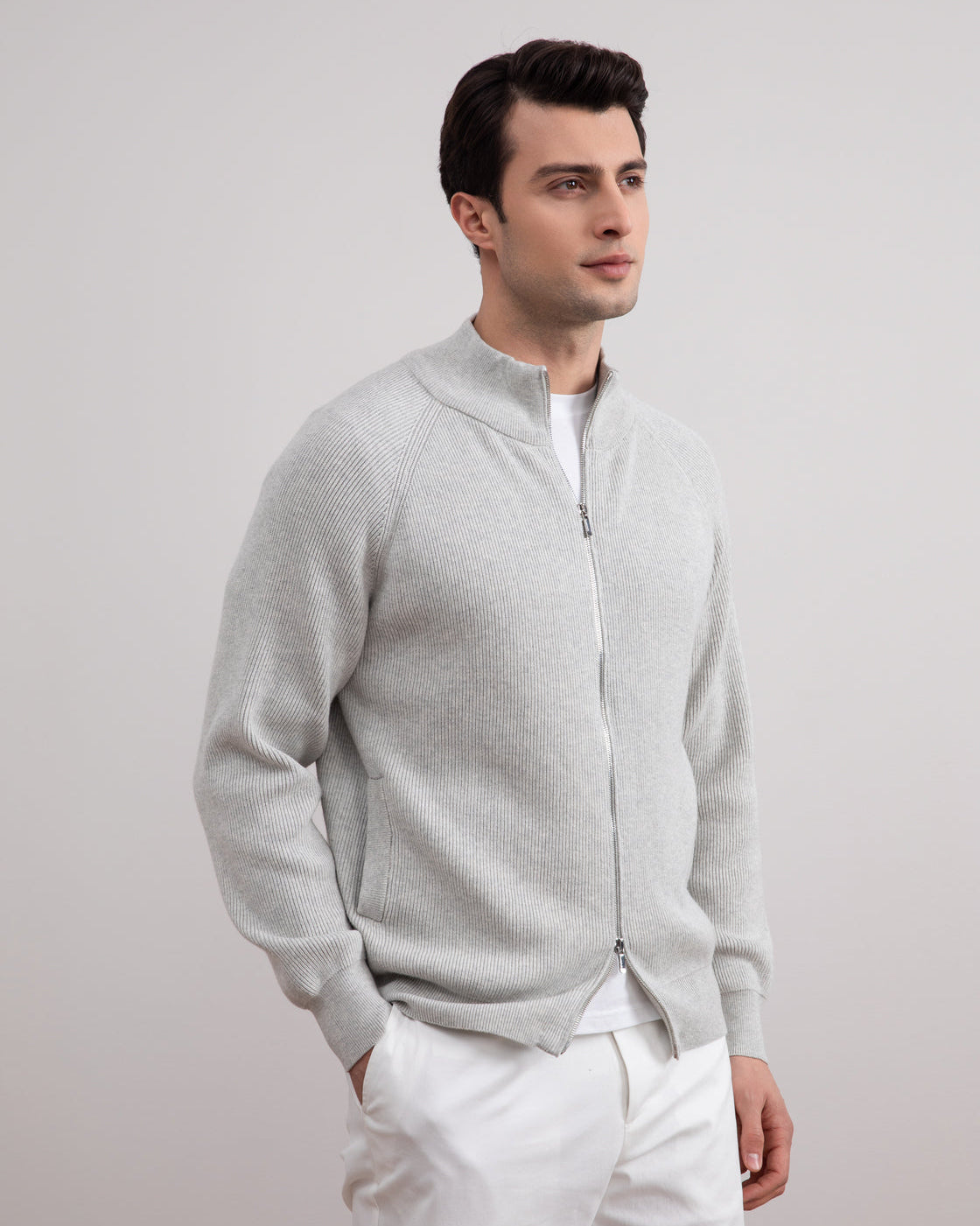 Grey Mélange English Rib Full Zip Cardigan