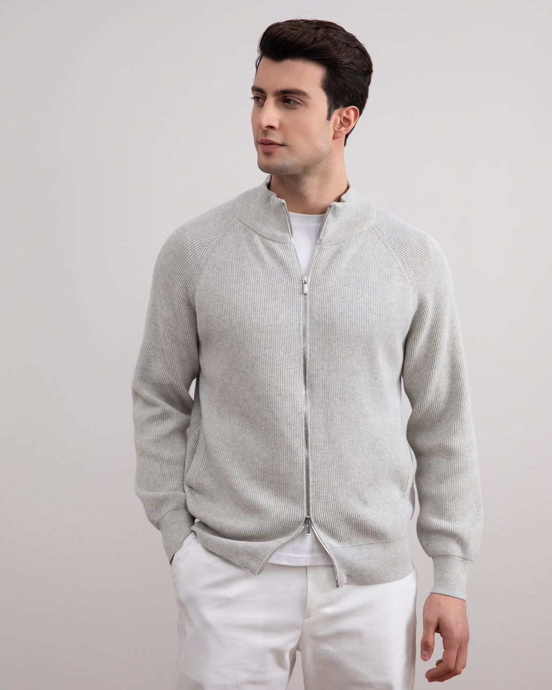 Grey Mélange English Rib Full Zip Cardigan