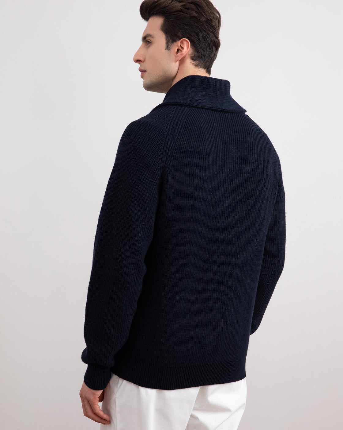 Navy Shawl-Collar Ribbed Cardigan