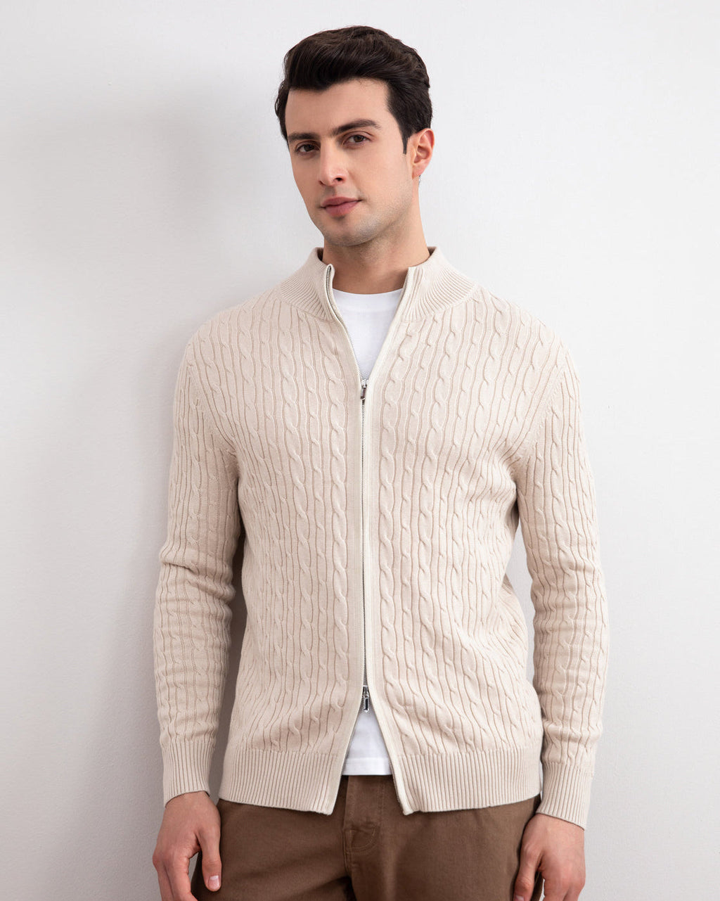 Beige Cable Knit full-zip Sweater