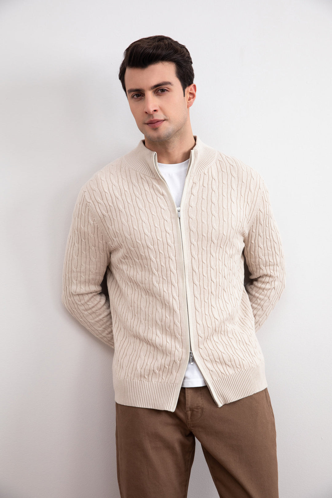 Beige Cable Knit full-zip Sweater
