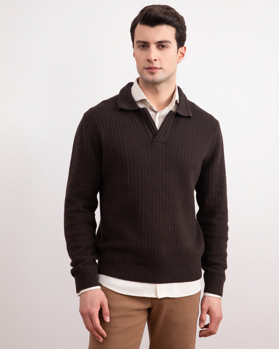 Dark Brown Textured Open Polo Sweater
