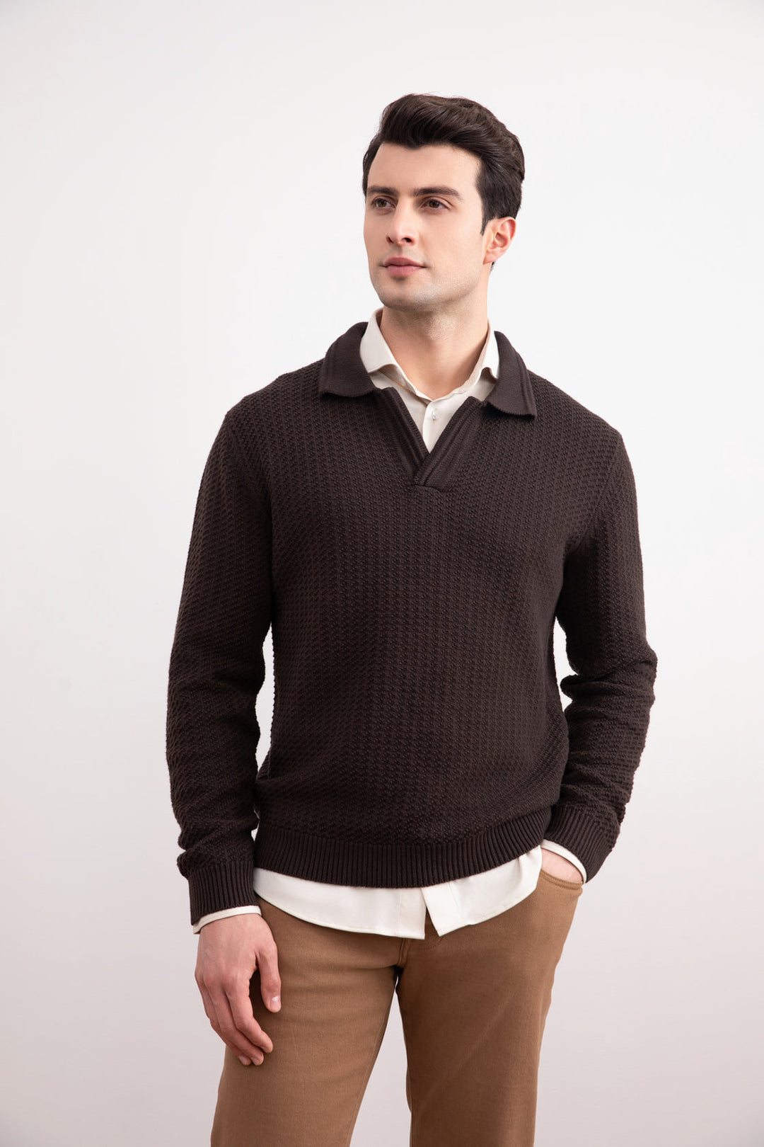 Dark Brown Textured Open Polo Sweater