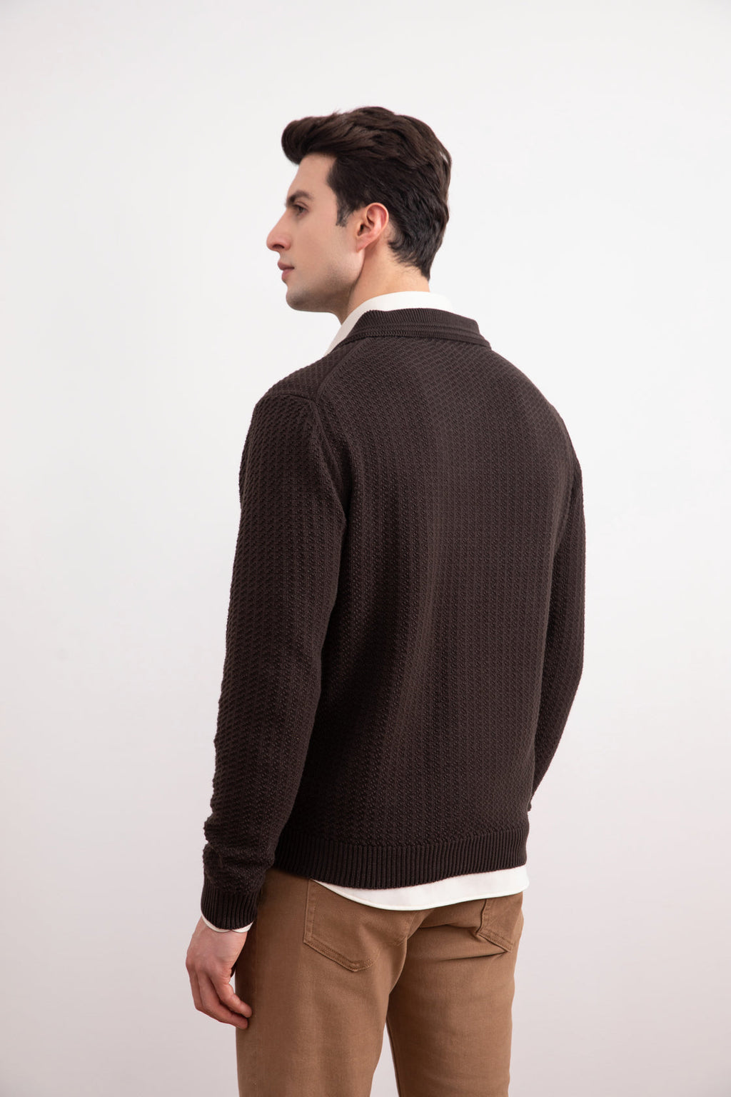 Dark Brown Textured Open Polo Sweater