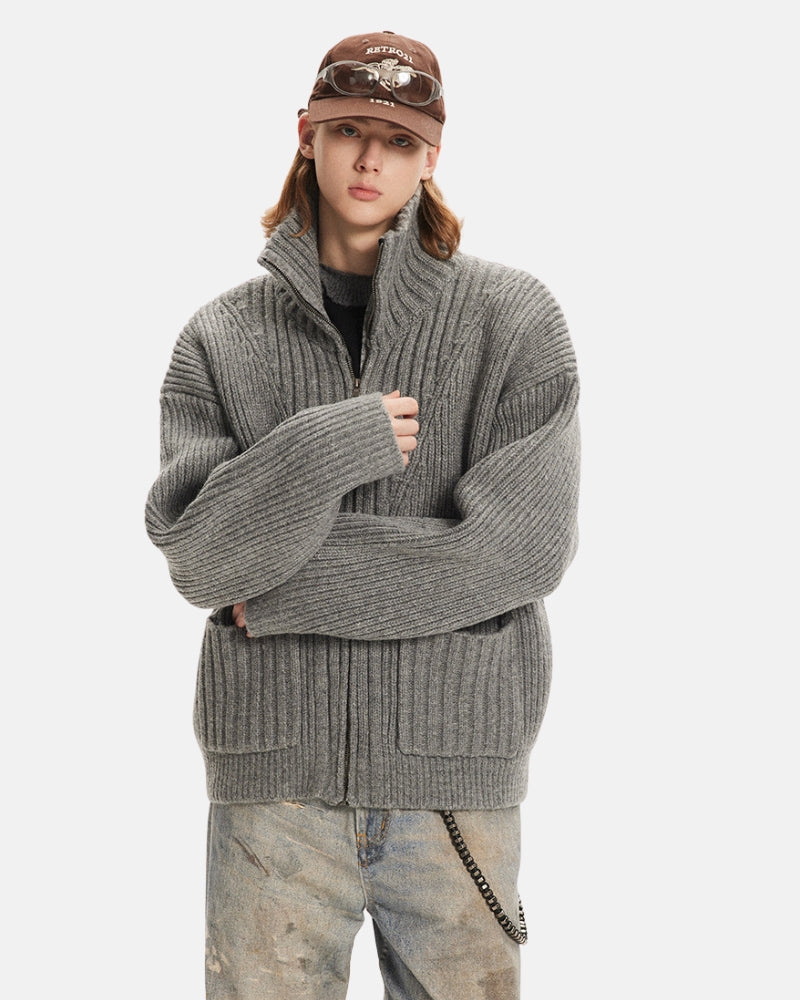 Ribbed Zip-Up Wool Cardigan