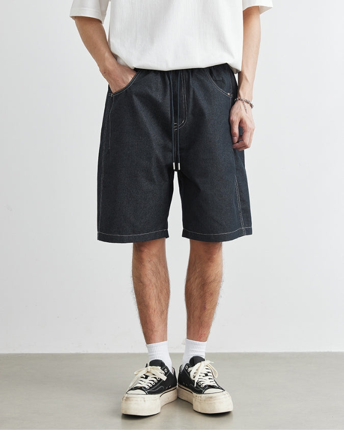 Wide Relaxed Denim Look Shorts with Drawstrings