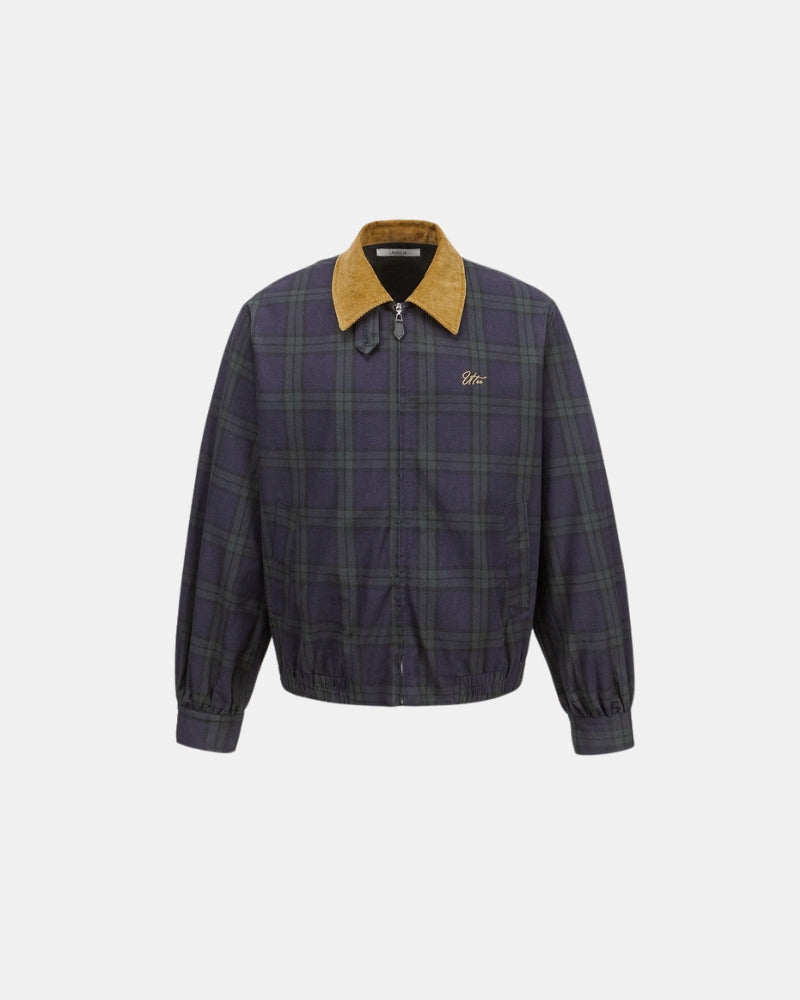 Plaid Zip-Up Jacket with Corduroy Collar