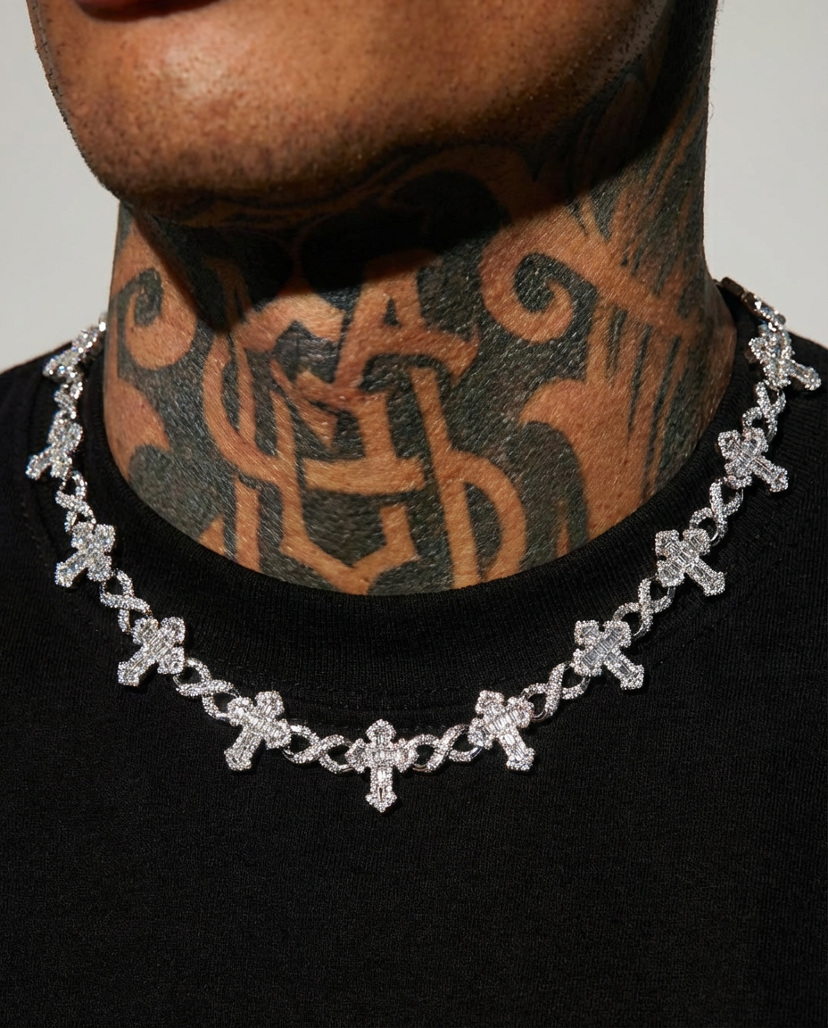 Iced Cross Cuban Chain – White Gold Finish