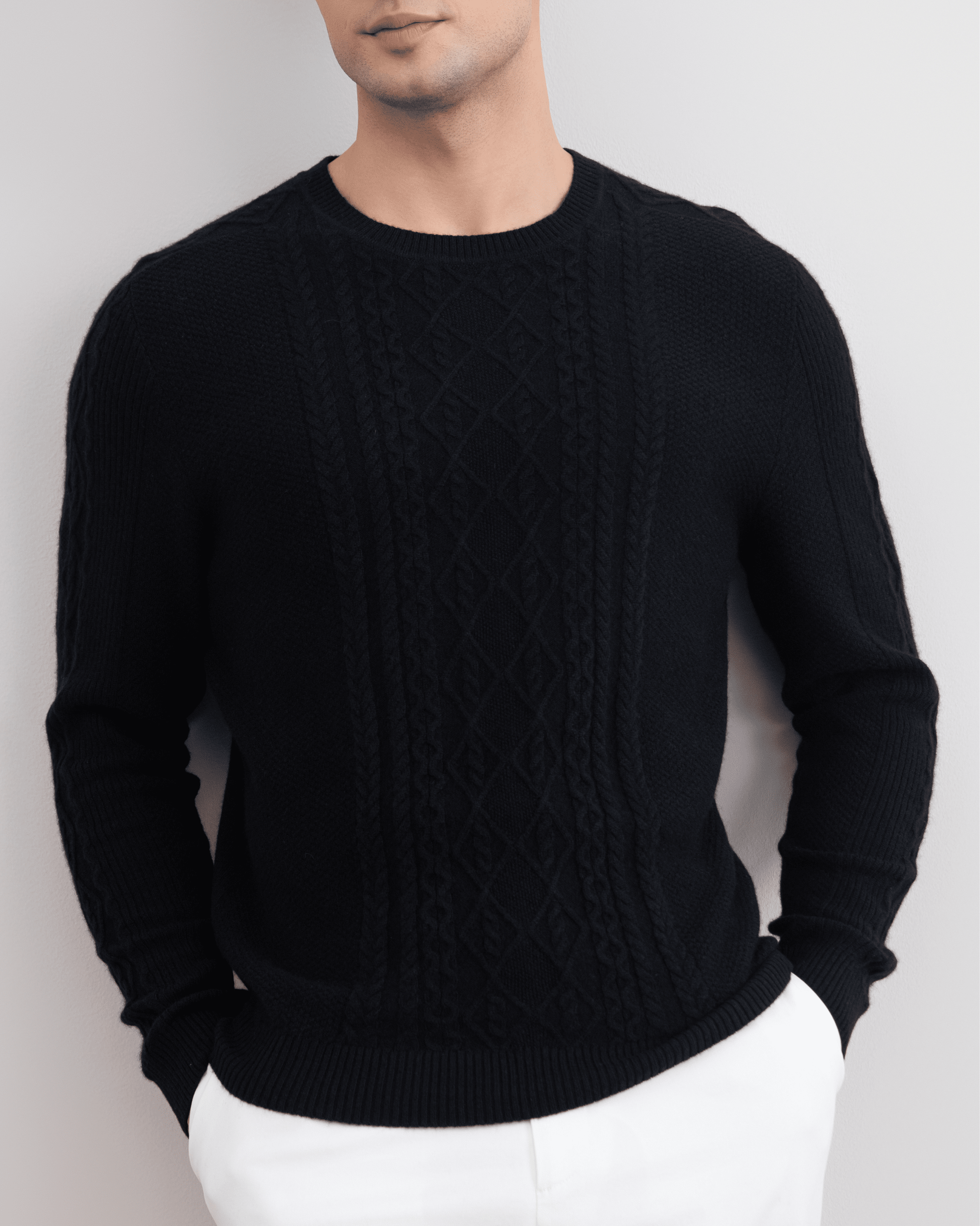 Black Cashmere Cable Knit Crewneck