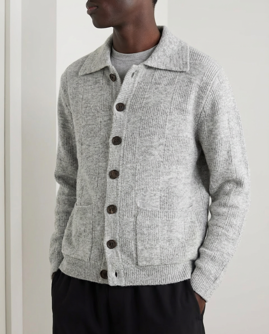 Block Synogram Textured Knit Button Cardigan