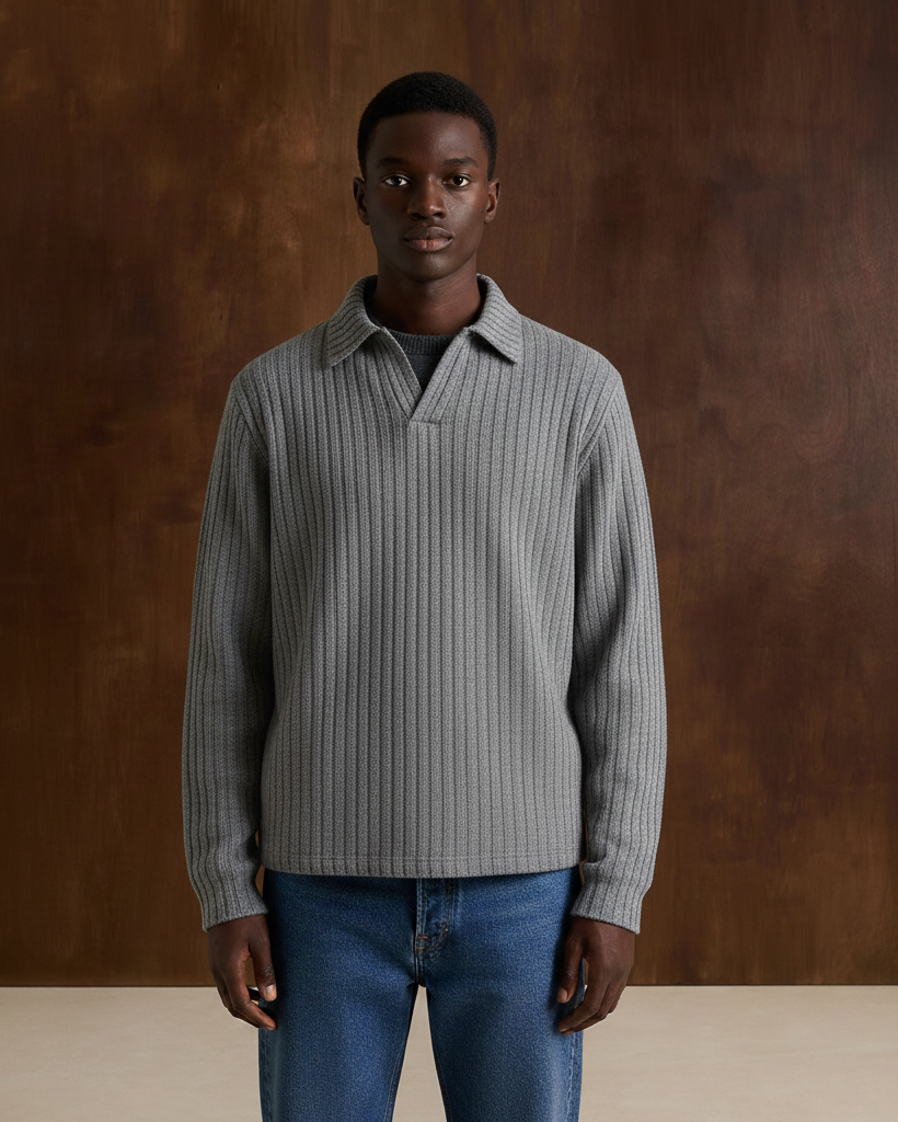 Contrast Stitch Ribbed Knit Polo Longsleeve Sweater