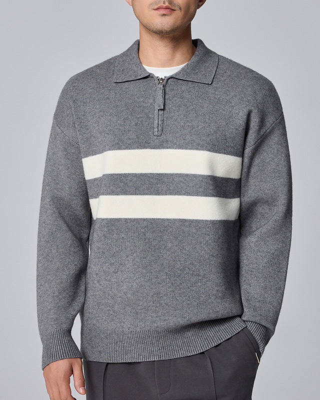 The Porter Semi-Open Contrast Striped Lapel Knit Sweater