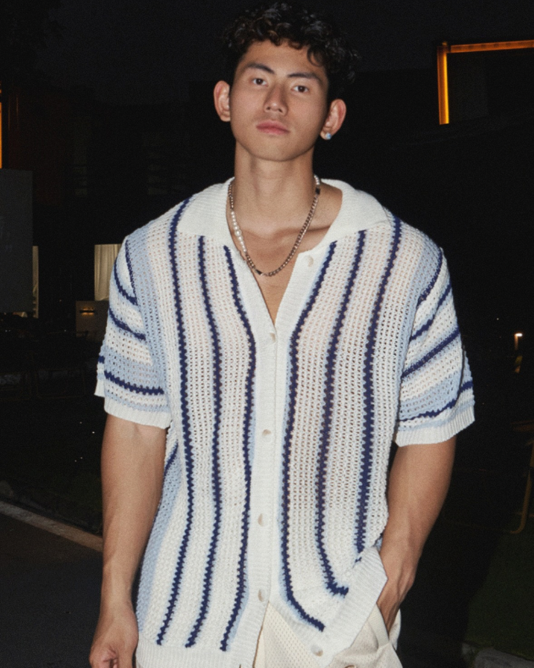 Open‑Knit Striped Button‑Up Shirt