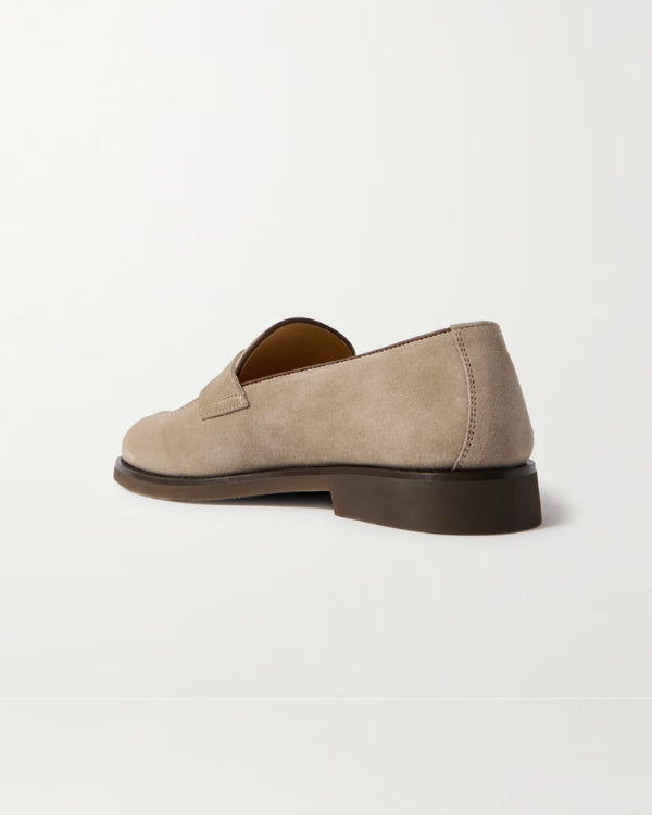 Leather-Trimmed Suede Penny Loafers - caramel
