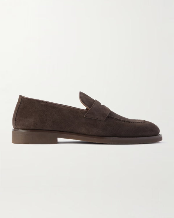 Leather-Trimmed Suede Penny Loafers - brown