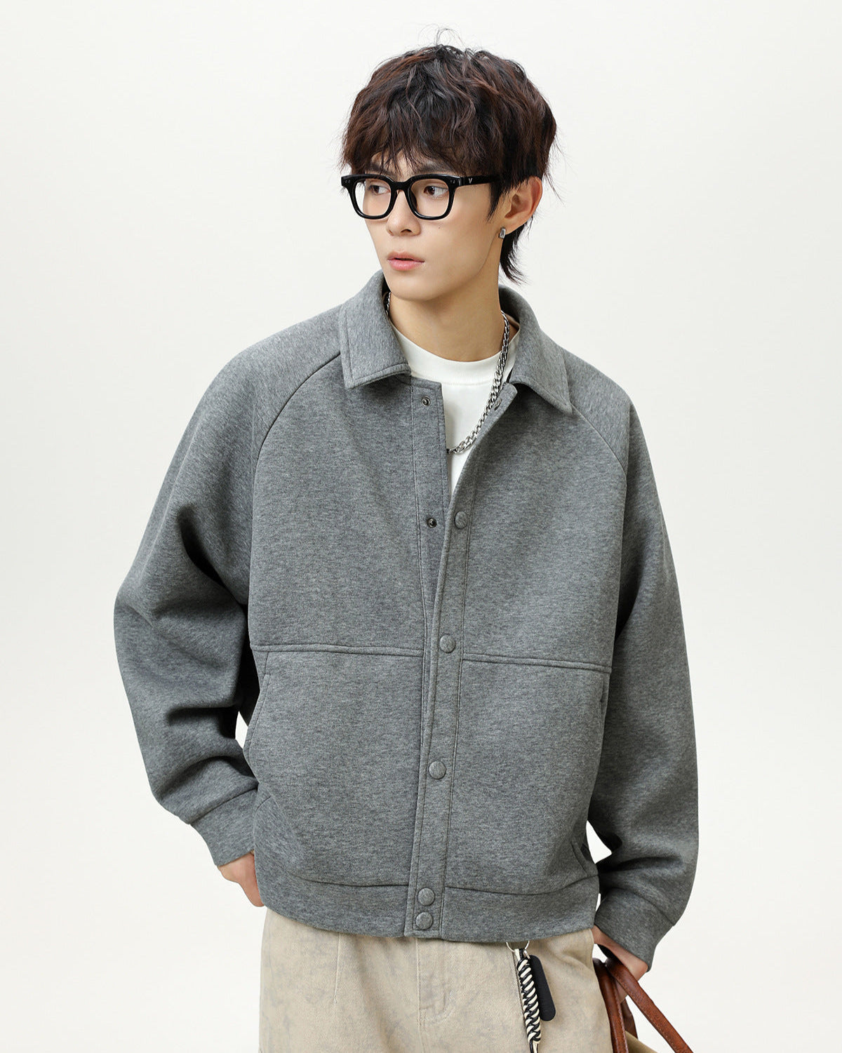 Raglan Wool Blend Short Coat – Textured Casual Oversized Fit