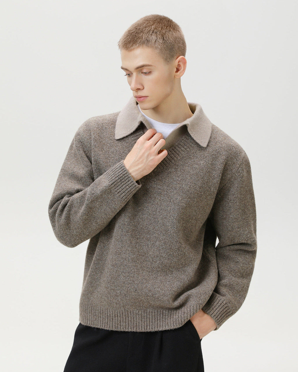 Wool Blend Collar V-Neck Knit Sweater