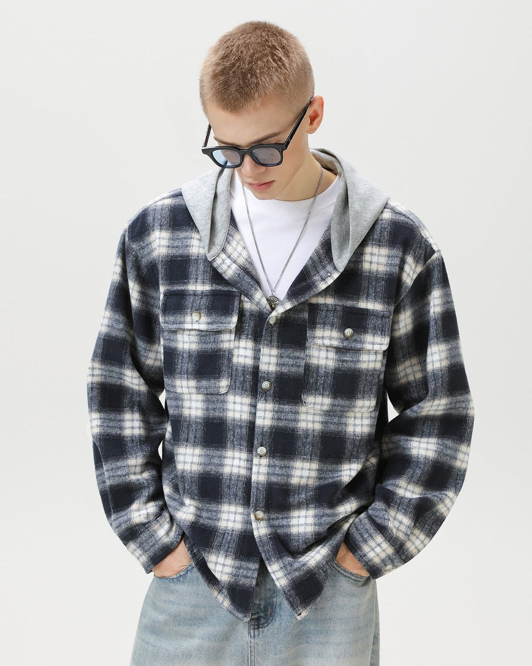 Check Plaid Hooded Overshirt Cardigan