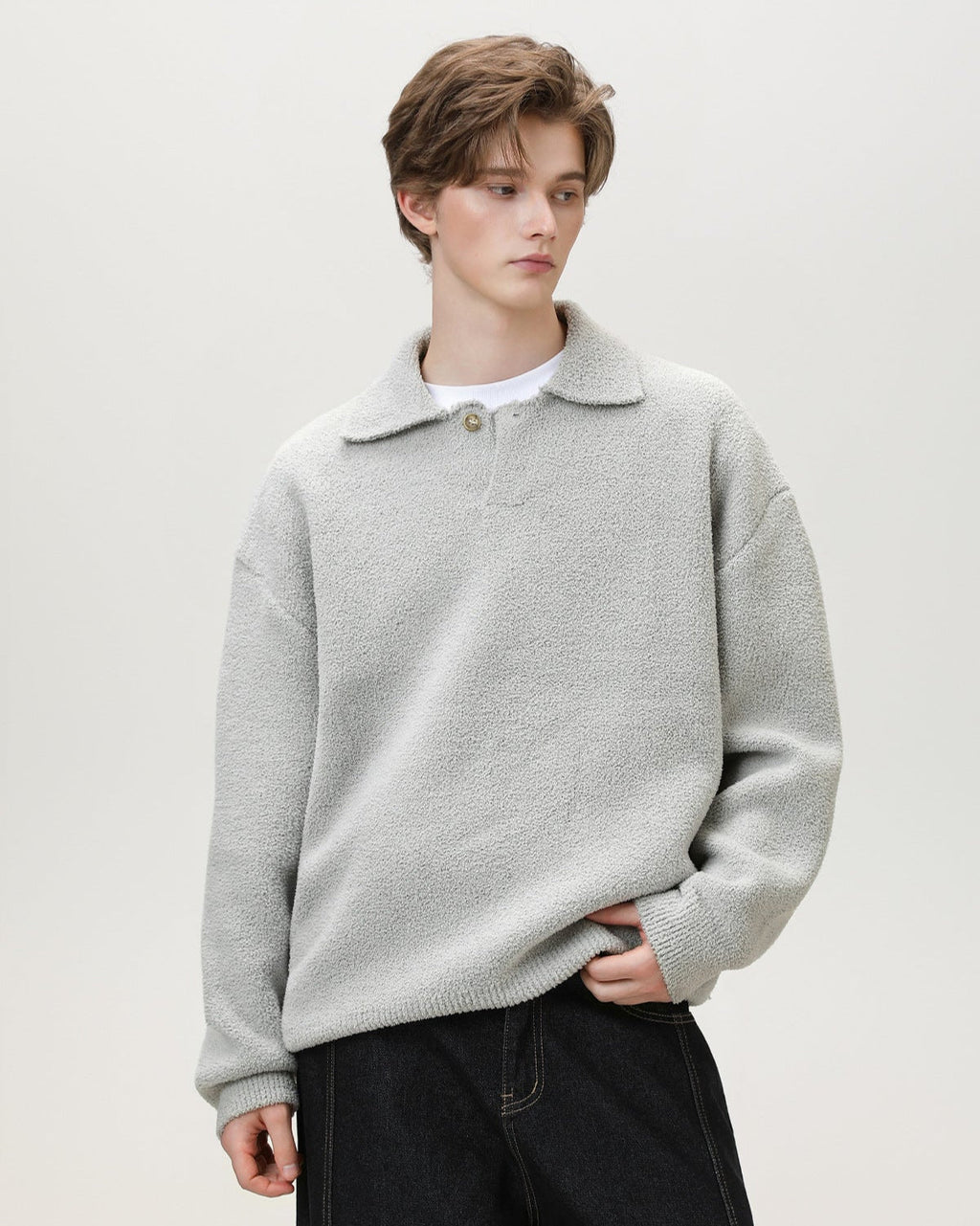 Wool Blend Knit One Button Oversized Henley Sweater