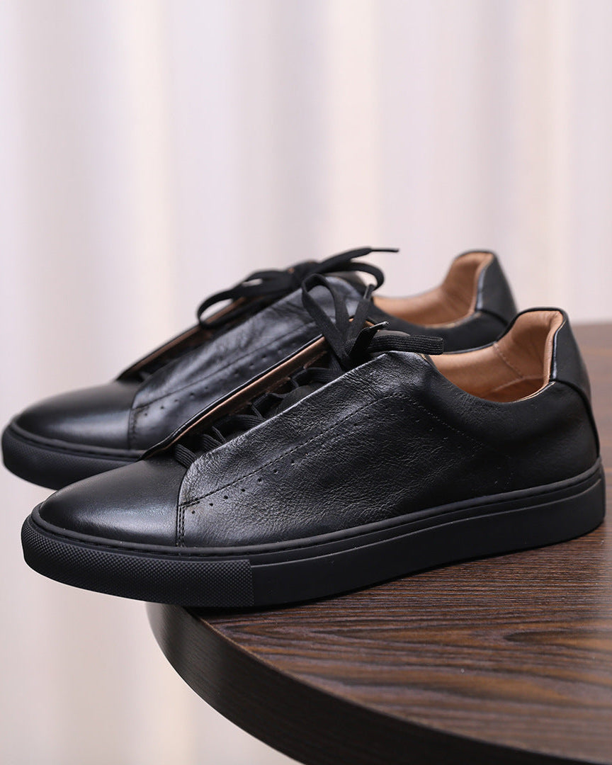 The Softey Leather Low Sneakers - Black