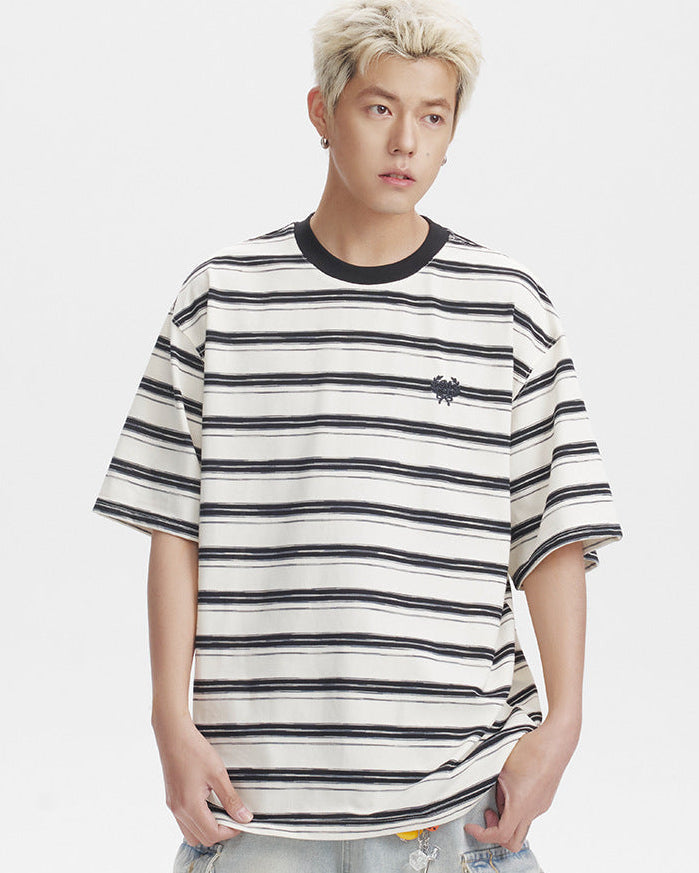 The Embroidered Contrast Striped Short-sleeved T-shirt
