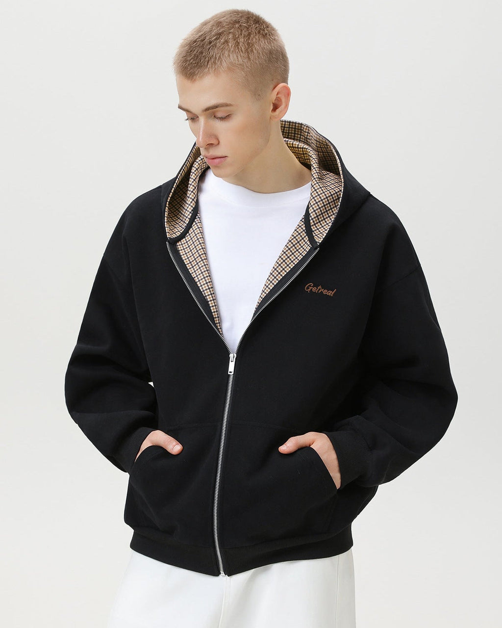 "Get Real" Checked Lined Zip Hoodie Sweater