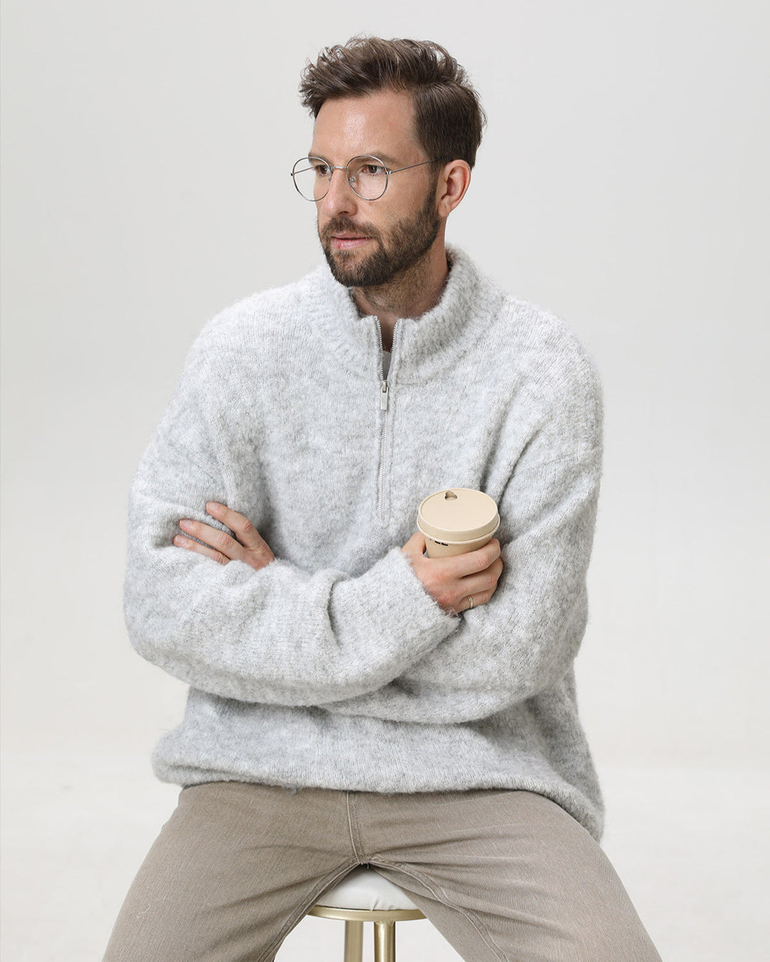 Heavyweight Hoop Yarn Half-Zip Stand Collar Sweater